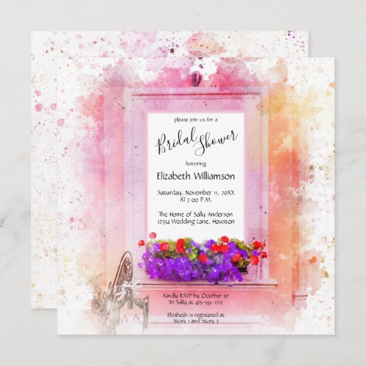 ピンクエレガントフローラ水彩ブライダルシャワー 招待状 (正面/裏面)