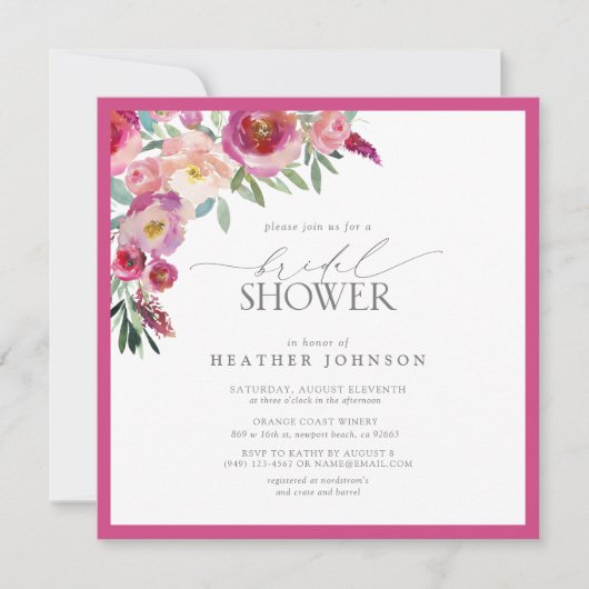 ピンクエレガントフローラ水彩ブライダルシャワー 招待状 (正面)