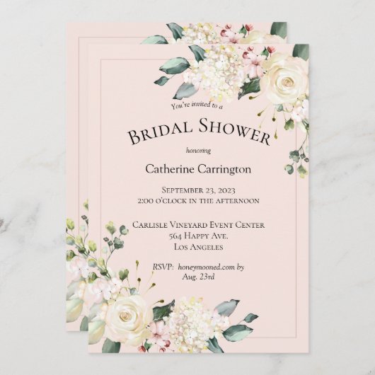 ピンクエレガントフローラ水彩ブライダルシャワー 招待状 (正面/裏面)