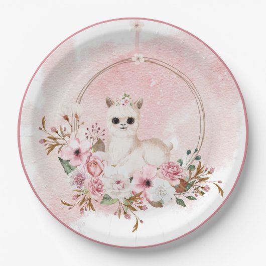 ピンクエレガントフローラ水彩ラマ赤ちゃんシャワーP ペーパープレート (正面)