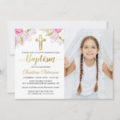 ピンクエレガントフローラ水彩少女バプテスマ写真 招待状 (正面)