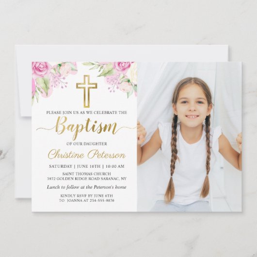 ピンクエレガントフローラ水彩少女バプテスマ写真 招待状 (正面)