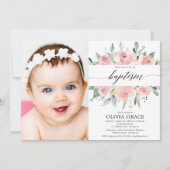 ピンクエレガントフローラ水彩少女バプテスマ写真 招待状 (正面)