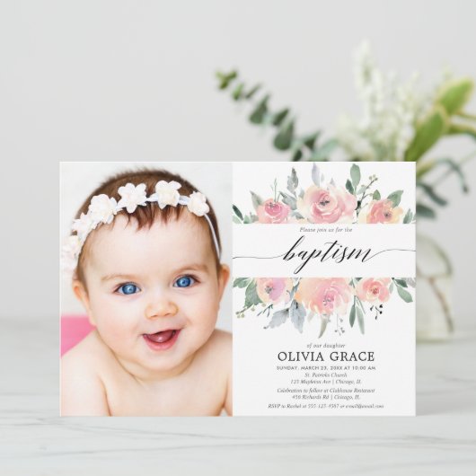 ピンクエレガントフローラ水彩少女バプテスマ写真 招待状 (スタンド正面)