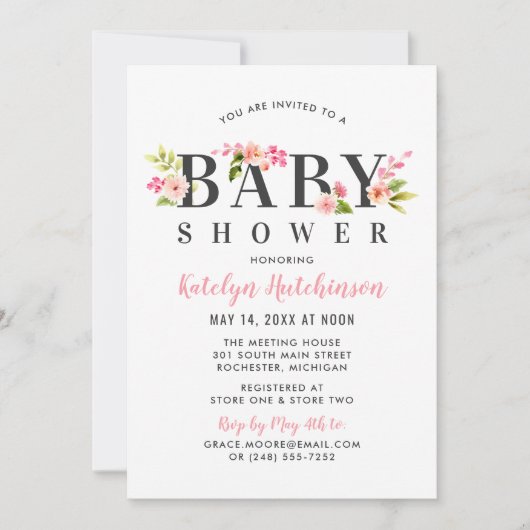 ピンクエレガントフローラ水彩少女ベビーシャワー 招待状 (正面)
