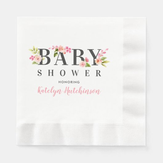 ピンクエレガントフローラ水彩少女ベビーシャワー 縁ありランチョンナプキン (正面)