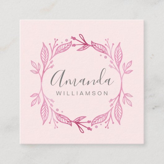 ピンクエレガントフローラ水彩植物紋 スクエア名刺 (正面)