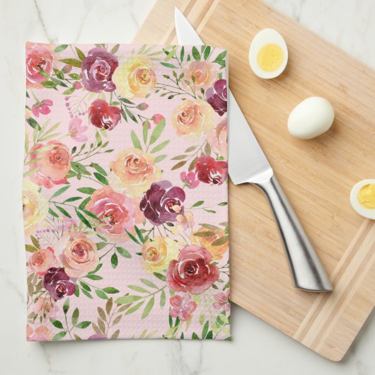 ピンクエレガントフローラ水彩牡丹の花 キッチンタオル (四つ折り)