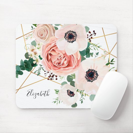 ピンクエレガントフローラ水彩花植物園 マウスパッド (マウス)