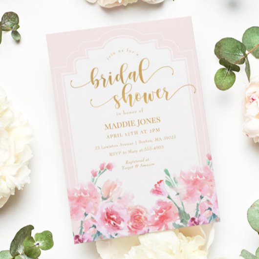 ピンクエレガントフローラ水彩金ゴールドブライダルシャワー 招待状