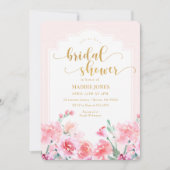 ピンクエレガントフローラ水彩金ゴールドブライダルシャワー 招待状 (正面)