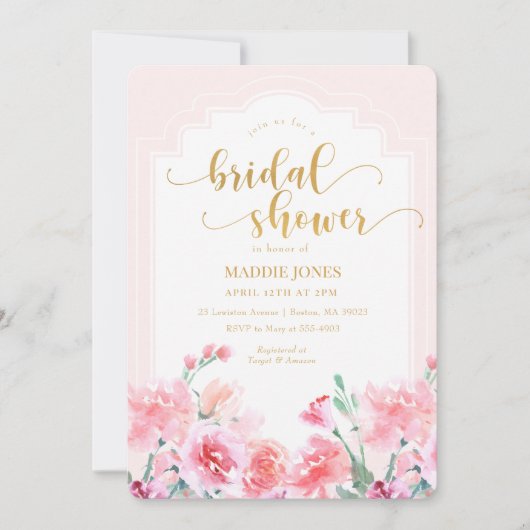 ピンクエレガントフローラ水彩金ゴールドブライダルシャワー 招待状 (正面)