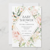 ピンクエレガントフローラ水彩金ゴールドベビー 招待状 (正面)