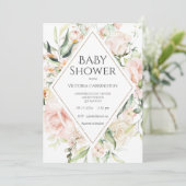 ピンクエレガントフローラ水彩金ゴールドベビー 招待状 (スタンド正面)