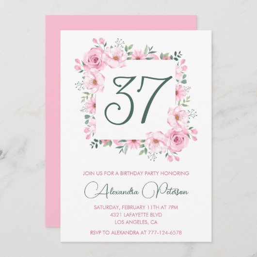ピンクエレガントフローラ水彩37歳の誕生日 招待状 (正面/裏面)
