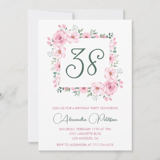 ピンクエレガントフローラ水彩38歳の誕生日 招待状 (正面)