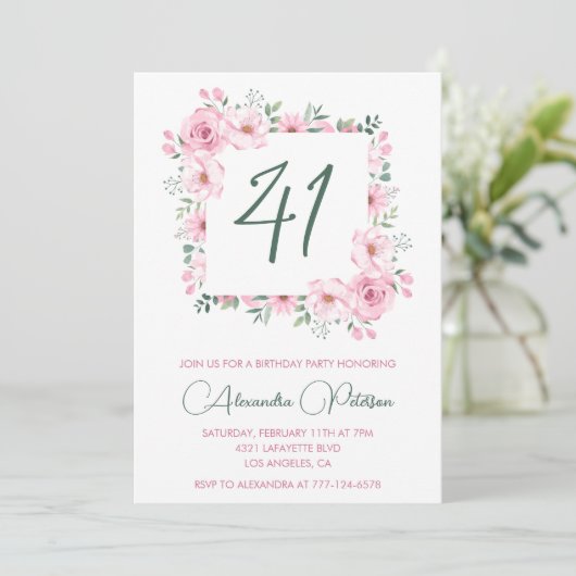ピンクエレガントフローラ水彩41歳 招待状 (スタンド正面)