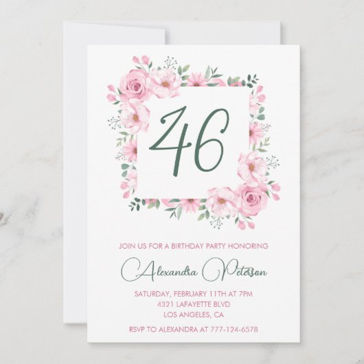 ピンクエレガントフローラ水彩46歳 招待状 (正面)
