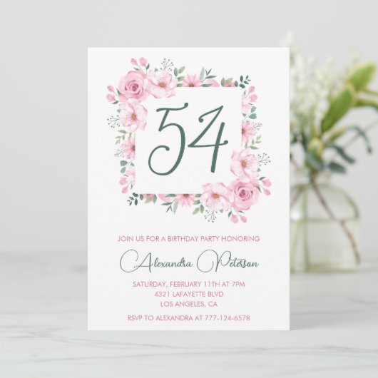ピンクエレガントフローラ水彩54歳の誕生日 招待状 (スタンド正面)