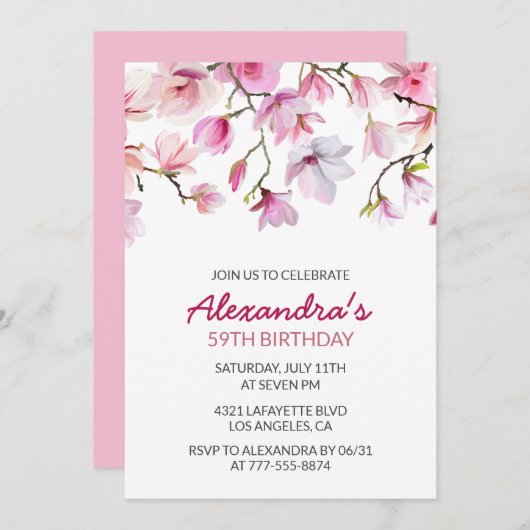 ピンクエレガントフローラ水彩59歳の誕生日 招待状 (正面/裏面)