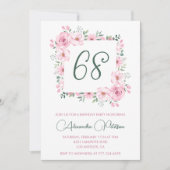 ピンクエレガントフローラ水彩68歳の誕生日 招待状 (正面)