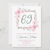 ピンクエレガントフローラ水彩69歳の誕生日 招待状 (正面)