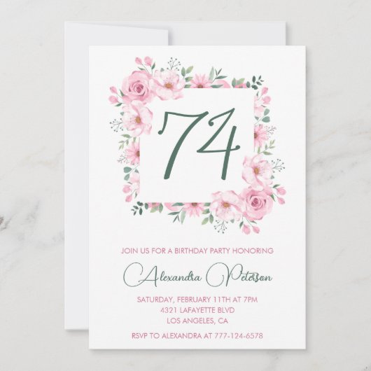 ピンクエレガントフローラ水彩74歳 招待状 (正面)