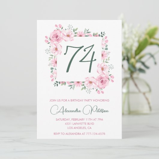 ピンクエレガントフローラ水彩74歳 招待状 (スタンド正面)