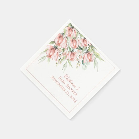 ピンクエレガントフローラ水色ベビーシャワー スタンダードカクテルナプキン (角)