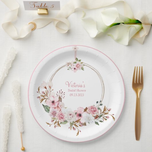 ピンクエレガントフローラ水色名ブライダルシャワー ペーパープレート (ウェディング)