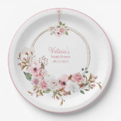 ピンクエレガントフローラ水色名ブライダルシャワー ペーパープレート (正面)