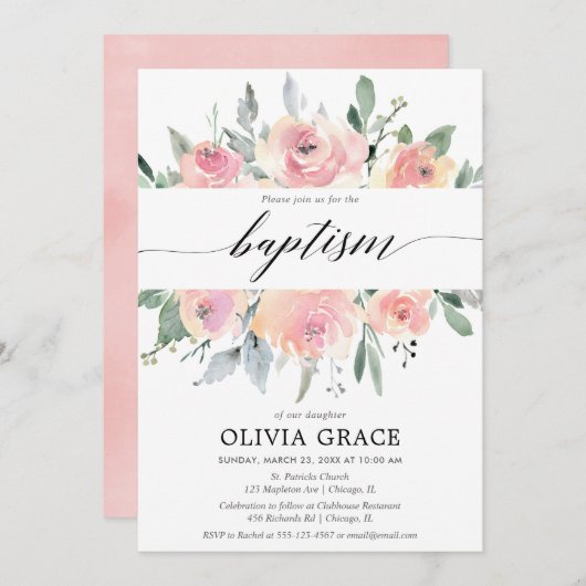 ピンクエレガントフローラ水色女子バテスマ 招待状 (正面/裏面)