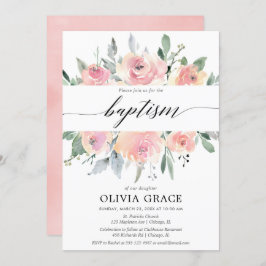 ピンクエレガントフローラ水色女子バテスマ 招待状