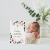 ピンクエレガントフローラ洗礼金ゴールドクロス写真 ポストカード (スタンド正面)