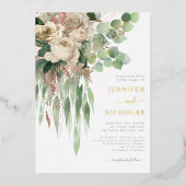 ピンクエレガントフローラ牡丹結婚の金ゴールド 箔招待状 (正面)