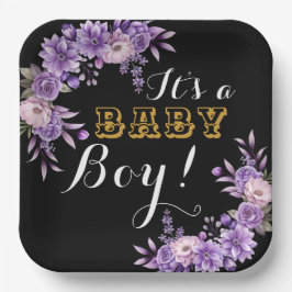 ピンクエレガントフローラ男の赤ちゃんシャワーパーティースクエア ペーパープレート