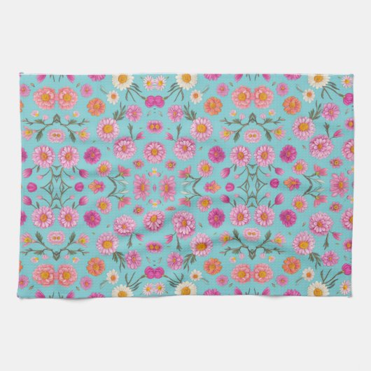 ピンクエレガントフローラ白デイジーピンク色の花 キッチンタオル (横)