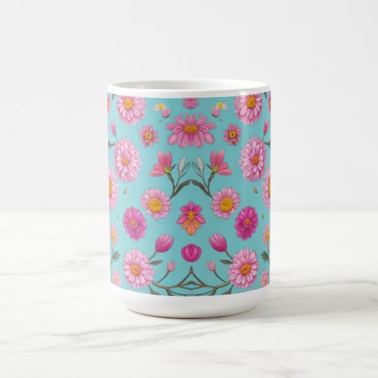 ピンクエレガントフローラ白デイジーピンク色の花 コーヒーマグカップ (中央)