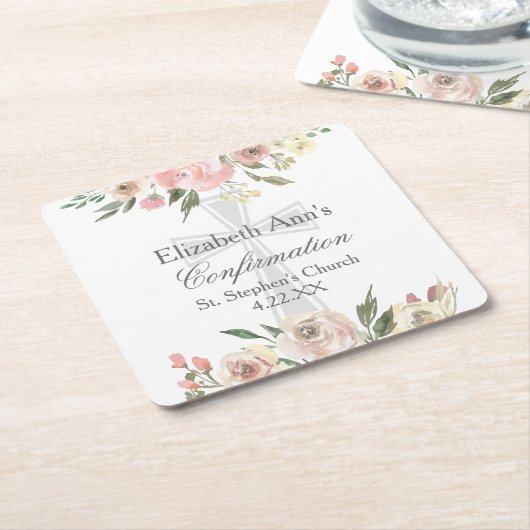 ピンクエレガントフローラ確認パーティーカスタム スクエアペーパーコースター (アングル)
