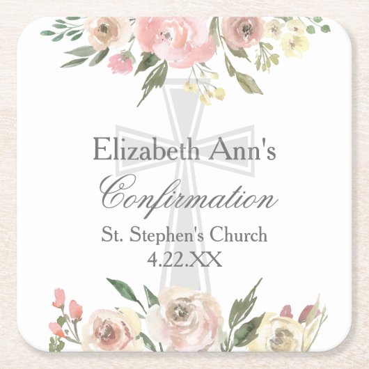 ピンクエレガントフローラ確認パーティーカスタム スクエアペーパーコースター (正面)