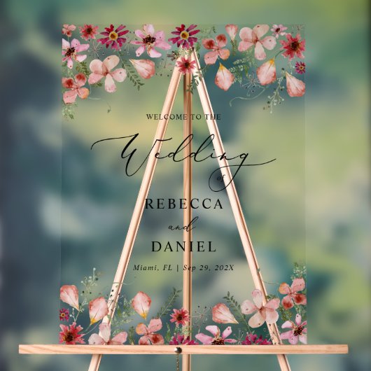 ピンクエレガントフローラ結婚のアクリル系ウェルカムサイン アクリルサイン (ニュートラル)