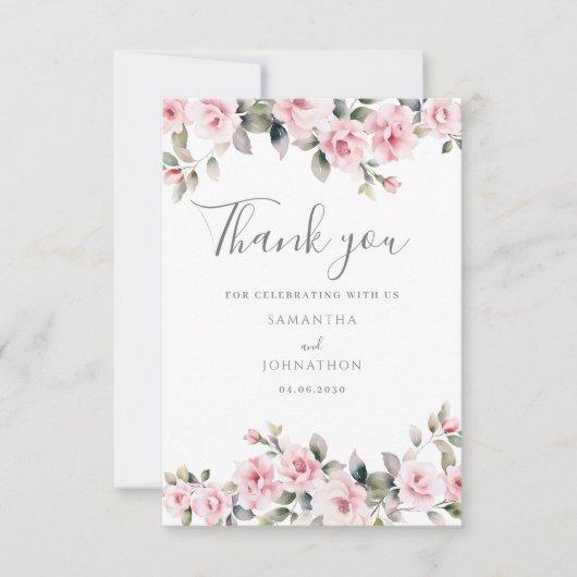 ピンクエレガントフローラ結婚のフラットサンキューカード サンキューカード (正面)