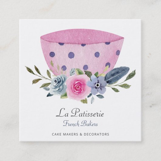 ピンクエレガントフローラ結婚ケーキメーカーベーカリー スクエア名刺 (正面)