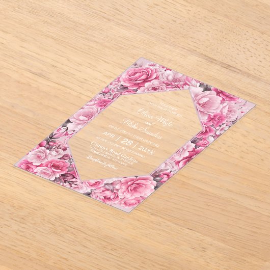 ピンクエレガントフローラ結婚ズ アクリル招待状 (レイダウン)