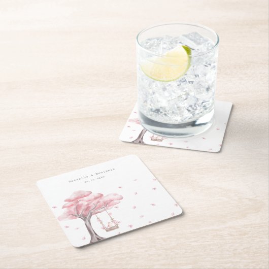 ピンクエレガントフローラ結婚ズ スクエアペーパーコースター (インサイチュ)