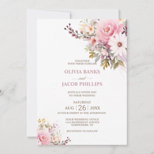 ピンクエレガントフローラ結婚ズ 招待状 (正面)