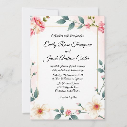 ピンクエレガントフローラ結婚式招待状テンプレート 招待状 (正面)