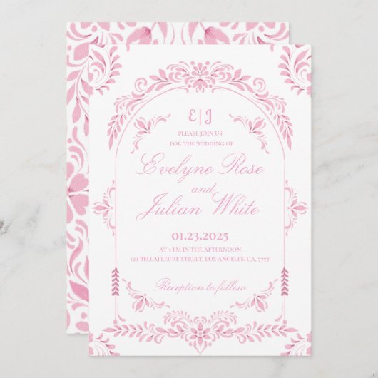 ピンクエレガントフローラ結婚式招待状 招待状 (正面/裏面)