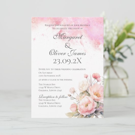 ピンクエレガントフローラ結婚式招待状 招待状 (スタンド正面)