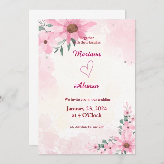 ピンクエレガントフローラ結婚式招待状 招待状 (正面/裏面)